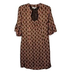 Skirtin Around Geometric Print Silk Dress Ruffle Bell Sleeve Midi Lined Retro